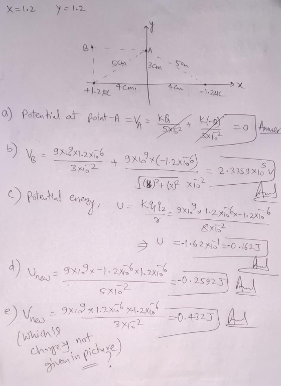 X=102 Y=1.2 - B+ I - - sam A 3cm 5cm +1.2uc tcm. T Acum - 1.200 a) Potential at point-A = VA = KB + klog o Annier b) va = 9x1