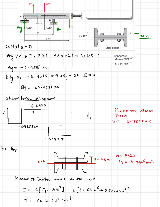 gN 22N 1.25m 5kN 1.25m Bu x = 45mm IN A 6.5m EMat B=0 Cross Section 4 + 9 x 2.75 - 22x1.25 + 5X2.5 = 0 Per Channel: Area = 86
