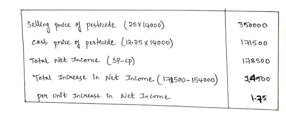 350000 171500 Selling price of pesticide (25 X 14000) cost price of pestecede (12.95 x 14000) Total Net Income (SP-cp) Total