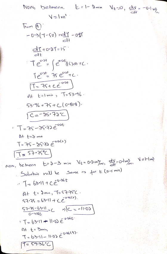 Vto, dv=-0.1 m Now, between t = 1- I min . Valmo From a -0-317-50) -01 -011 dt d1+0=27=15 dt Test feest osat+C. Teoost 75 e t