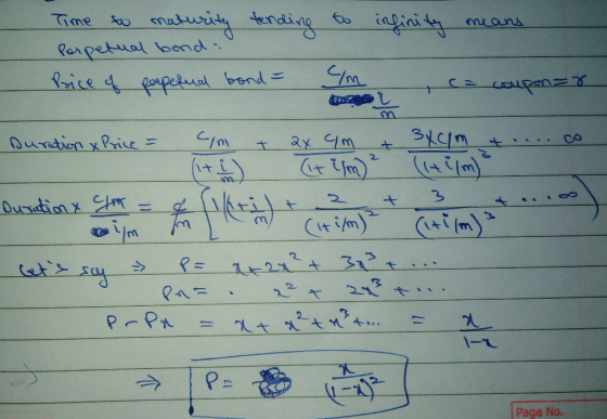 means Time to maturity tending to infinity Perpetual bonda Price of perpetual bond = Im couponar Duration & Price = cm ay am