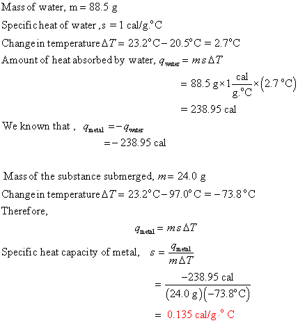 Mass of water, m= 88.5 g Specificheat of water ,s = 1 cal/g.°C Change in temperature A7 = 23.2°C-20.5°C = 2.7°C Amount of hea