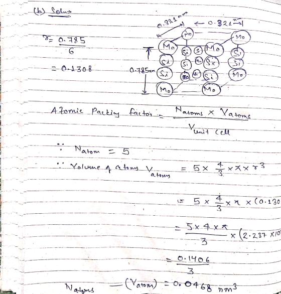 (6) Solus +0.324 0,321 am MC 8= 0.785 Mo M T 0-1308 -0.785mm 90 Mo Atomic Packing factor Natoms. T. Vatoms Yunit cell Natom V
