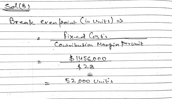 Sol (8) Break evenfoin (in Units) as - fixed Costs Contribution Margin perunit $1456,000 $28 52.000 Uniles