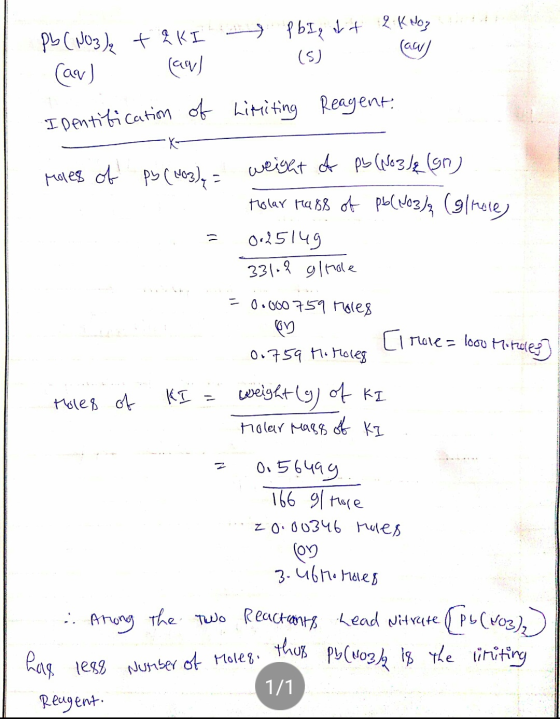 Pb(NO3), taking pbig at 2 KNO, (ar) (an) (5) (acej Identification of Litniting Reagent. Moles of Pb(NO3) = weight of Pb(No 3/