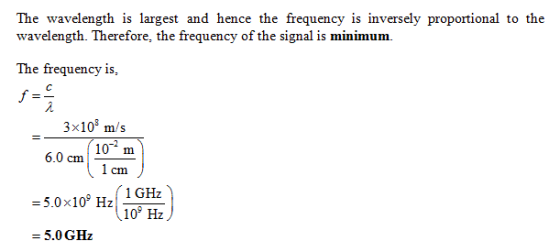 hence the freq wavelength. Therefore, the frequency of the signal is minimum. The frequency is, 3x108 m/s -2 6.0 cm 5.0x10 Hz