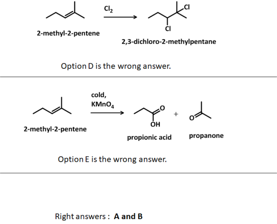ud ab ta 2-methyl-2-pentene 2,3-dichloro-2-methylpentane Option D is the wrong answer. cold, na Kmos yo oh ОН 2-methyl-2-pent
