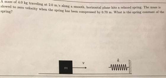A mass of 4.0 kg traveling at 2.0 m/s along a smooth, horizontal plane hits a slowed to zero velocity when the spring has bee