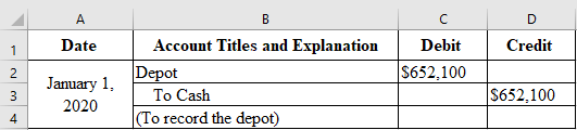 1 Date Accon Date Credit Account Titles and Explanation Depot To Cash (To record the depot) Debit $652.100 January 1, 2020 3