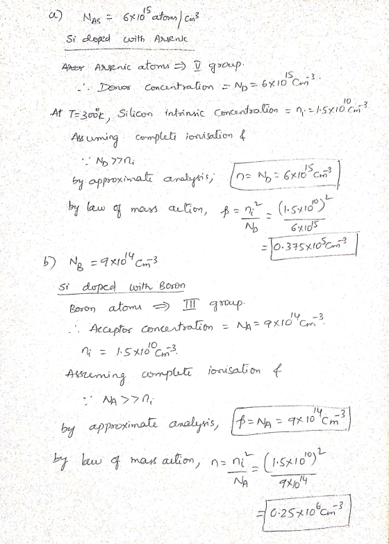 a) Mas = 6410atorus) com? si dloped with Arsenic Aster Arsenic atoms ) I group. Dono concentration - No = 6710 Cri At T= 300
