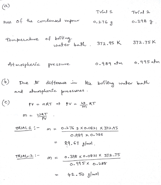 Mays the o. 276 O.318 g water bah 372.9s K 372.75 K Atmosphexie press 0.98 tm.S tm harec c) m = 0,276 9乂 .0821 乂312.9 S 29.61
