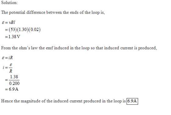 Solutionn The potential difference between the ends of the loop is, (53) (130 (0.02) From the ohms law the emf induced in th