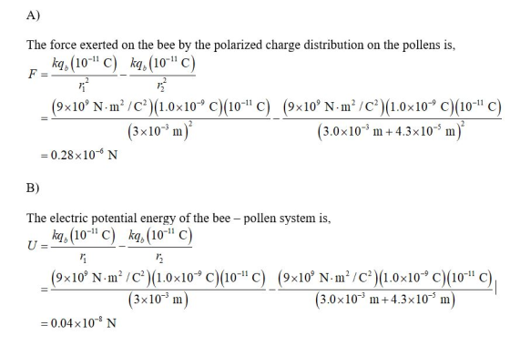 A) The force exerted on the bee by the polarized charge distribution on the pollens is, - kq(10-c) kq (10-c) F (9x10° N. m²