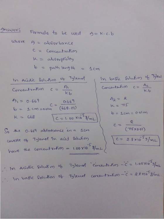 Answers Formula to be ued IK.C.b Where A abfoY bance Concentrahom abtomphiity Ko path leng th Acm m Addic Soluhm ot Tyleuot A