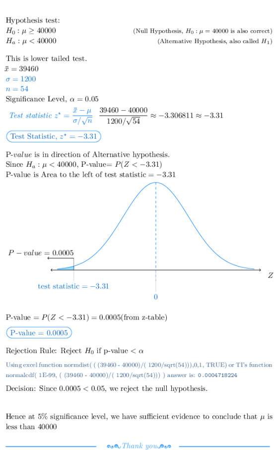 Hypothesis test Ho : 112 40000 Ha : μ < 40000 (Null Hypothesis, Ho : μ-40000 is also correct) (Alternative Hypothesis, also c