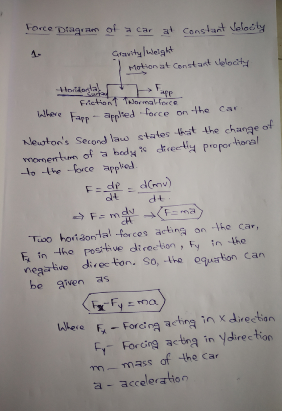 Force pragisn of Car at Constant velo A- Gravityluleigt Motion at Const ant lelocH app FictionT TNormal-force ereFapp arpied -force on -the car Nlewtons Secon lastates -that the change of momentumot bod4ς directly proportional -to -the force appled dt d t Too horisontal-forces actin( on-the car, -Ihe posiive direction, Fy in the neaive dire ton. So, -the equrtion can be aiven as lbere F Forina aetingnx direction dire ction acing in m-mass of the car a-acceleration