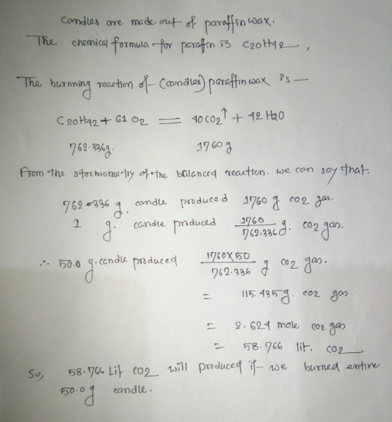 candles are made out of paraffin wax. chemical formula for paraffin is czottae The , The burnning reaction of Candles) paraff