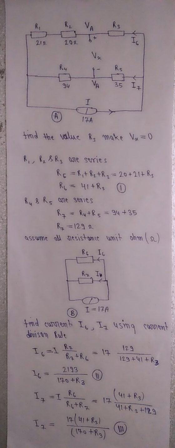 R₂ VA 21. 2012 Is R4 Rs I VA 94 35 Iz A 17A find the value R₂ make Vu=0 R R₂ & R₂ are series RG = R + R2 + R₂ = 20+21+ R₂ R₂