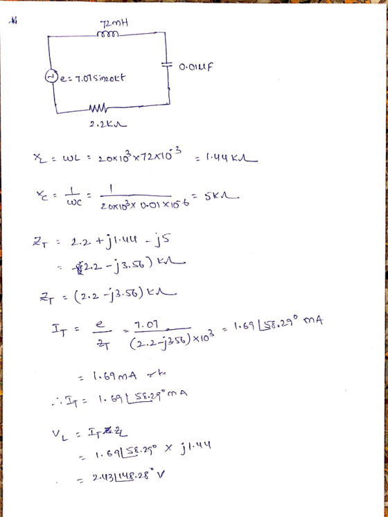 720H O.OUF De=1.07 Simokt 2.2k X = WL = 20x18x72x10% = 1.44 kr Yes 2OXIDEX 0-01 X166 - SKA 27 = 2.2 +j1.44.js 42.2 -j 3.50) k