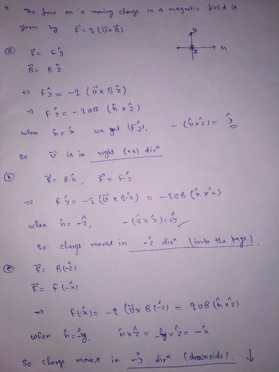 N - The free on a moving charge in a magnetic field is given my F = q (GB) @ Fy B B & fŷ = -q (u x B²) - fŷ = -20B (ñ x2) whe