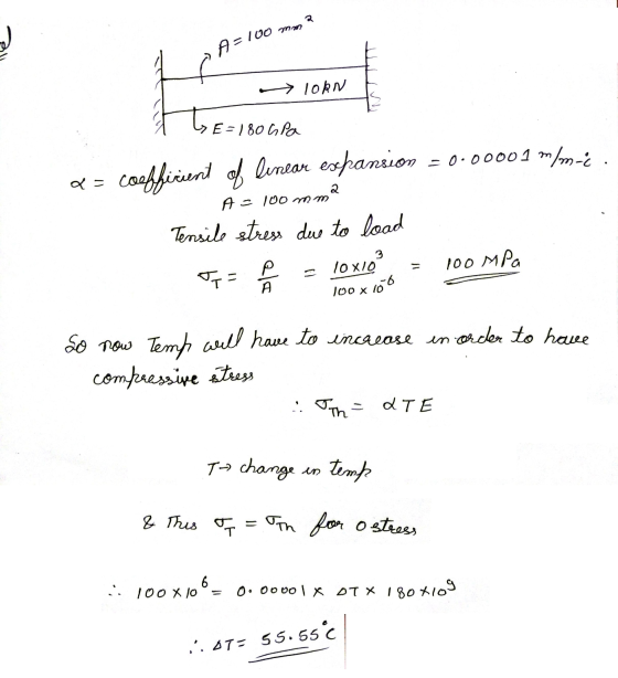 2 mm A=100 IORN y E=180 hPa a= coofficient of linear expansion = 0.00001 mm-e 2 Az 100 mm Tensile stress due to load 3 loxio