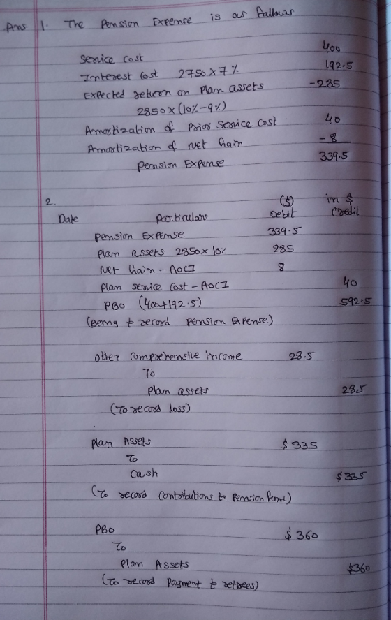 is Ans. as follows 1. Pension Expense The 400 192.5 -285 service cost Interest Cost 2750x7% Expected return on Plan assets 28