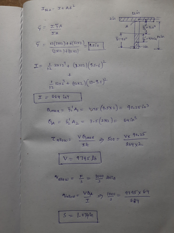 IN.A = It Ad2 1211 ain to IT YA ΣΑ y = 3.5 y = 9.51 1 = 4.75in 12in v 13 (2X12 ) + 6(1282)_Tosin 1 (2X12 ) + (1242) I= 12x12