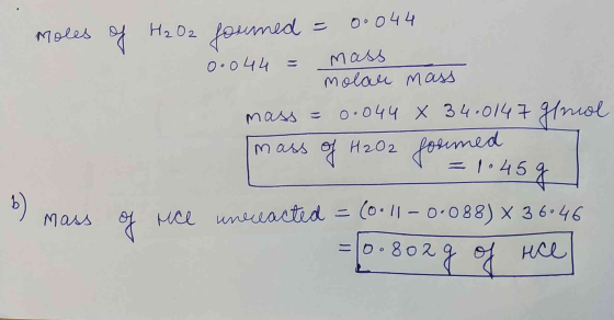 moles of H₂O2 jouned = 0.044 О•o44 = Мом . molar mass може о• ОЧч х34 •ol47 Мило m as a H202 4 nea Малх ч иг или олти d = (0