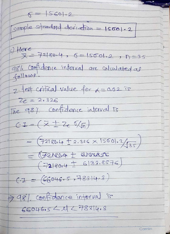 - 15601.2 sample standard deviation - 15001-2 To Here =7218014, h=150062 A235 98% confidence interval are calculated as follo