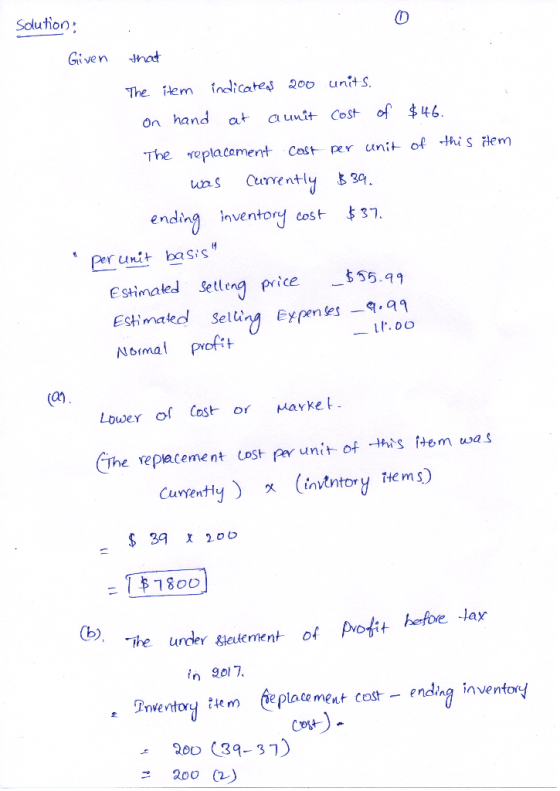 Solution hat Given indicatess 2o0 unitS The em a unit Cost of $46. On hand at The replacement Cest per unit of this Hem Curen