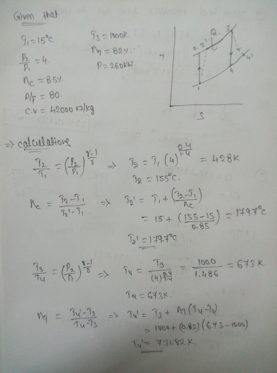 Given tha 829. P- 260kw nc-85% lr 80 → calcula 0 428k 9 155°C o.85 3 1000 -673K 1.486 (4) Tu-13 100+ (682) (63-1000) Tu 31.92