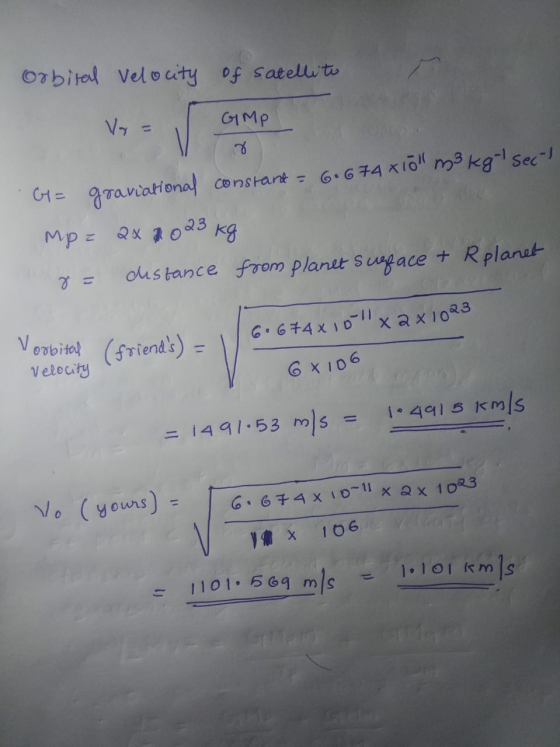6.674x10ll m3 kg-1 sec1 orbital velocity of satellite Vy GIMP Mp= 24 20 23 kg distance from planet sugace + R planet orbital