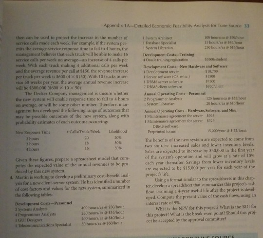 Appendix 1A- Detailed Economic Feasibility Analysis for Tune Source 33 then can be used to project the increase in the number of service calls made each week. For example, if the system per mits the average service response time to fall to 4 hours, the management believes that each truck will be able to make I6 service calls per week on average-an increase of 4 calls per week. With each truck making 4 additional calls per week and the average revenue per call at $150, the revenue increase per truck per week is S600 (4 $150). with 10 trucks in ser vice 50 weeks per year, the average annual revenue increase will be $300,000 (s600 X 10 X 50) L System Architect 1 Database Specialist I System Librarian 100 houre550hour 15 hourses $45/hour 250 hoursiea S15hour Development Costs-Training 4 Oracle training registration 53500student Development Costs-New Hardware and Software I Development server I Server software (OS, misc.) I DBMS erver software 7 DBMS client software $18,700 $1500 $950rclient The Decker Company management is unsure whether Annual Operating Costs-Personnel 2 Programmer Analysts L System Librarian 125 hourslea@535/bour 20 hoursfea@$15/hour the new system will enable response time to fall to 4 hours on average, or will be some other number. Therefore, man agement has developed the following range of outcomes that may be possible outcomes of the new system, along with probability estimates of each outcome occurring Annual Operating Costs-Hardware, Softvware, and Misc 1 Maintenance agreement for server $995 I Maintenance agreement for server $525 DBMS software 15,000lyear 5.22/5orm Likelihood 20% New Response Time CallsTruck/week Preprinted forms The benefits of the new system are expected to come from two sources: increased sales and lower inventory levels. Sales are expected to increase by $30,000 in the first year of the systems operation and will grow at a rate of 10% each year thereafter. Savings from lower inventory levels are expected to be $15,000 per year for each year of the projects life. 3 hours 4 hours Given these figures, prepare a spreadsheet model that com putes the expected value of the annual revenues to be pro- duced by this new system. 4. Martin is working to develop a preliminary cost-benefit anal for a new client-server system. He has identified a number of cost factors and values for the new system, summarized in the following tables: Using a format similar to the spreadsheets in this chap- ter, develop a spreadsheet that summarizes this projects cash flow, assuming a 4-year useful life after the project is devel- oped. Compute the present value of the cash flows, using an interest rate of 9%. Development Costs-Personnel 2 Systems Analysts Programmer Analyst 400 bours/ea @ 550 hour 250 hours/ea@$35/hour 200 hours/ea @$40/hour What is the NPV for this project? What is the ROl for this project? What is the break-even point? Should this proj ect be accepted by the approval committee? 1 GUI Designer Telecommunications Specialist 50 hoursea @ $50/hour