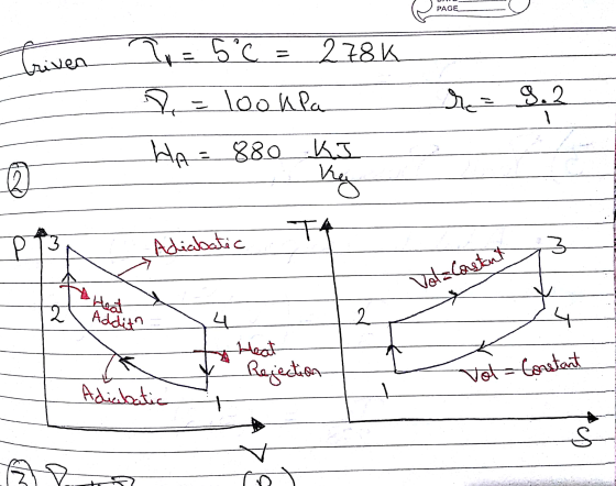 PAGE triv 5°C = 278K iven D = lookea Se 8.2 1 HA = 880 KI @ T4 PT Adiabatic Vol-Coretant 2 Heat Addito 2 5 Heat Rejection Vot
