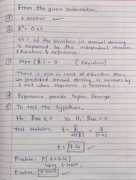 (a from the given Information, + positive 6 R² = 0.45 45% of the Variation in annual earning is explained by the independent