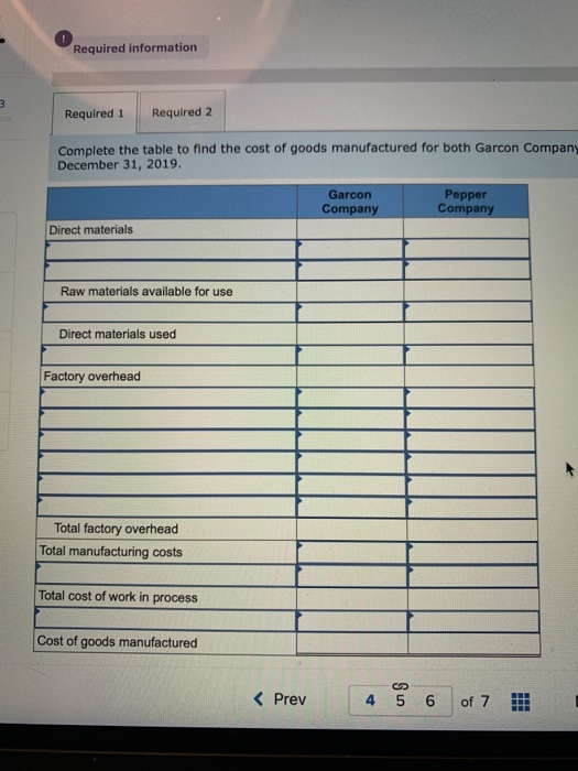 Required information Required 1 Required 2 Complete the table to find the cost of goods manufactured for both Garcon Company