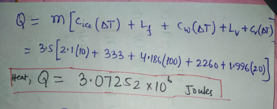 Q = m [lice (AT) + 4 + (w(ot) + L + GC0T) s(2.10) + 333 + 4.184(100) + 2260 + 1996(20) 3.07252x10 3.5 Heat, Q. 6 Joules