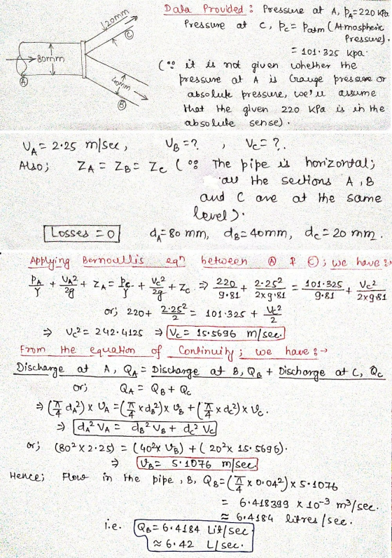 120mm >Somm 40mm assume Dala Provided : Presscere af A, ÞA=220 kPa Pressure at C, Pes Pasm (Atmospheric Pressures, = 101.325