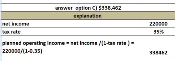 answer option C) $338,462 explanation 220000 net income tax rate 35% planned operating income = net income /(1-tax rate ) = 2