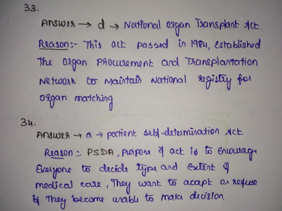 33. ANSWIX → d > National organ Transplank ock. Reason:- This act passed in 1984, Established the organ procurement and Trans