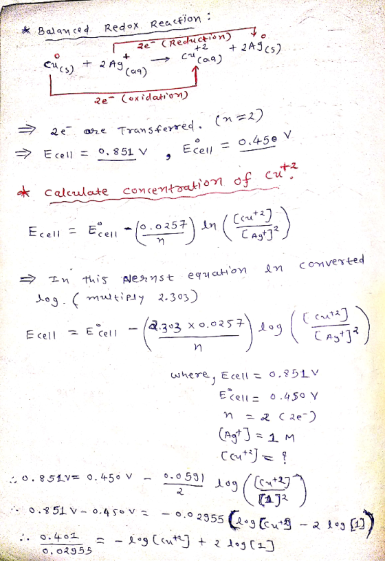 * Balanced Redox Reaction 2e (Reduction) + 2A3 (5) + cues) + 2 A9 (44) +2 Cu(aa) Reº (oxidation) ae are Transferred -Ecell =