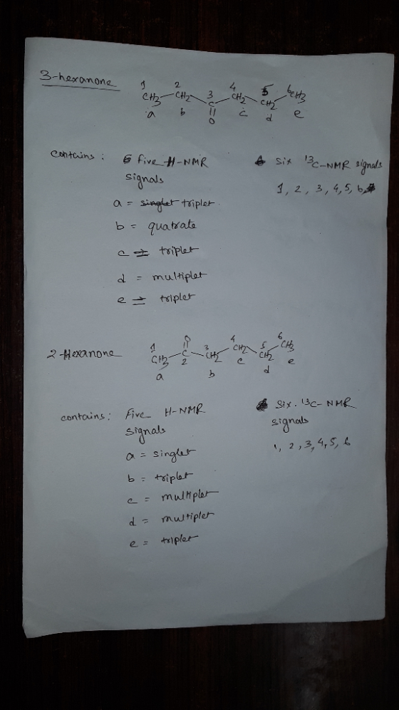 3-hexanone het CH₂ CH2 CH2 CH2 a b ? ¿ á e contains : -NMR & six 13 C-NMR signals 1, 2, 3, 4, 5, 6 & five signals a = singl