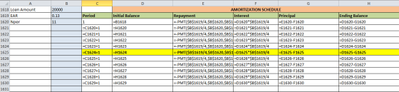 20000 0.13 Period 1618 Loan Amount 1619 EAR 1620 Nper 1621 1622 1623 1624 1625 1626 1627 =C1620+1 =C1621+1 =C1622+1 =C1623+1