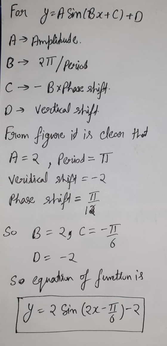 For ya A Sim(Bx+C)+D. A Amplitude. B> 21/ Period | C - Bx phase shift. De vertical shift From figure it is clear that A=2, Pe
