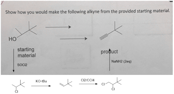 Show how you would make the following alkyne from the provided starting material. НО starting material product NaNH2 (2eq) SO