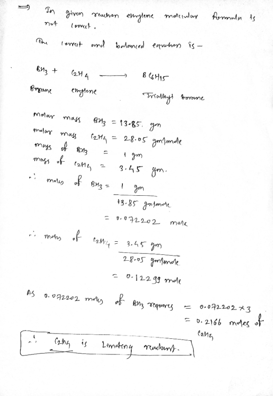 In not given reachen correct. . eshylene monculere formule is The correct and balanced equahon is- - Bl3 + Bogane (244 englen