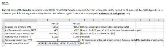 NOTE Current price of the bond is calculated using EXCEL FUNCTION PV(rate, nper,pmt,fv,type) where rate-5.0%; nper-8 or 20, p