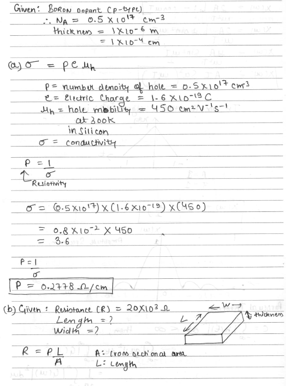 Given? BORON Dopant cp-type) . NA = 0.5 X 101 cm-3 thickness IX20-fm = 1X10-4 cm (a) o pe un p= number demnity of hole 0.5X20