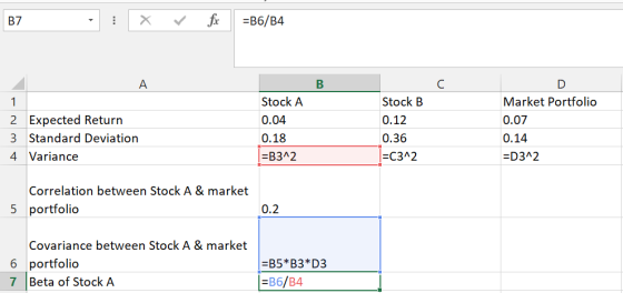 B7 - X fx =B6/B4 А B 2 Expected Return 3 Standard Deviation 4. Variance Stock A 0.04 0.18 =B3^2 Stock B 0.12 0.36 =C312 Marke