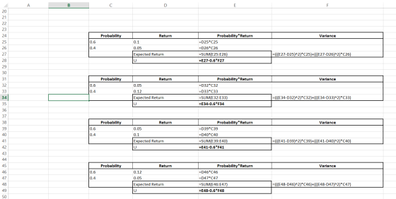 A B С D E F Probability Return Variance 0.6 0.4 0.1 0.05 Expected Return U Probability* Return =D25*C25 =D26*C26 =SUM(E25:E26